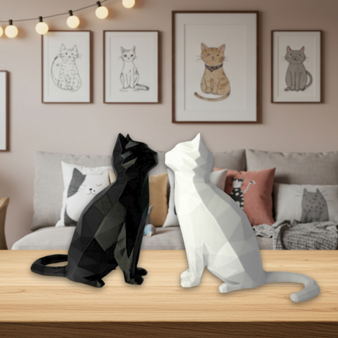 Escultura Poligonal de Gato | Low Poly | Decoração Moderna | Branco ou Preto