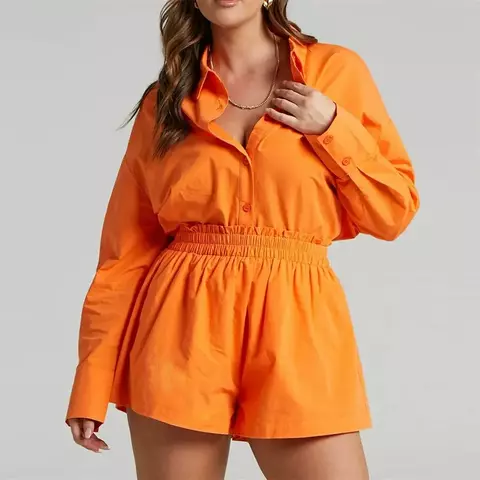 Conjunto de camisa e shorts de manga comprida feminino, monocromático, simples,