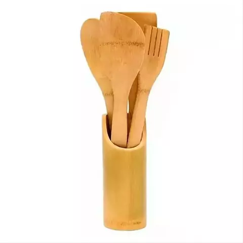 Conjunto de Utensílios Espátulas de Bambu com Copo 4 Peças