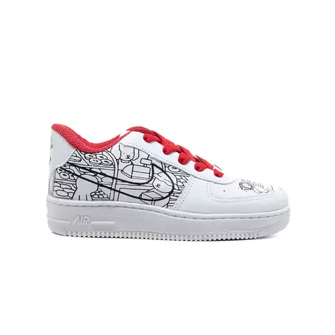 Tênis infantil Nike Air Force Bobbie Goods branco com detalhes em vermelho e ilustrações em preto