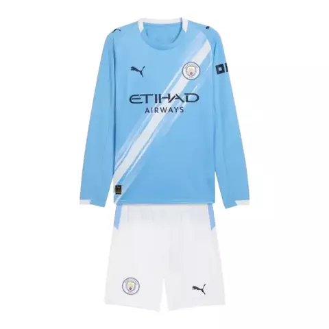 Kit Infantil Manchester City I 25/26 manga longa - Puma - Azul e branco