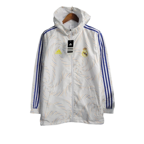 Jaqueta Corta-Vento Real Madrid 21/22 - Masculina Adidas - Branca com detalhes em azul e amarelo