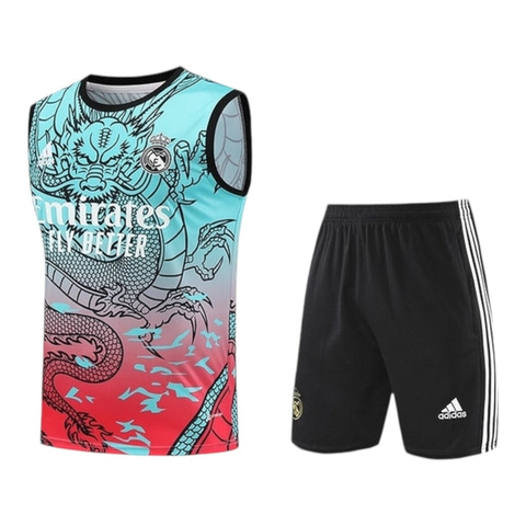 Kit Treino adulto - Camisa e Shorts - Real Madrid Ano do Dragão Adidas 24/25 - Verde e vermelho com detalhes em preto