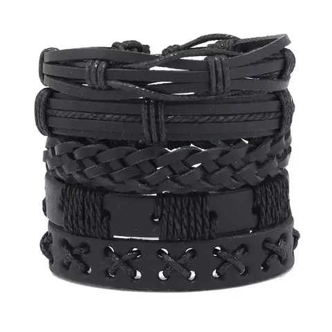 Dark Vibe – 5 Pulseiras Trançadas de Couro Preto Unissex