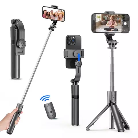 Tripé para bastão de selfie com controle remoto Bluetooth removível e 360º de ação.