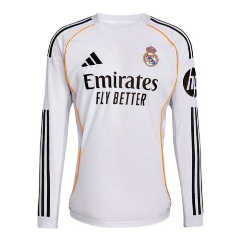 Camisa Real de Madrid I 25/26 manga longa - Torcedor Adidas Masculina - Branca com detalhes em cinza e amarelo