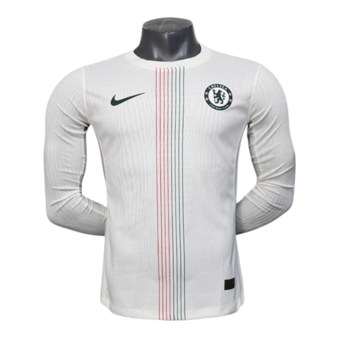 Camisa Chelsea II 25/26 manga longa - Jogador Nike Masculina - Branca com detalhes em azul e vermelho
