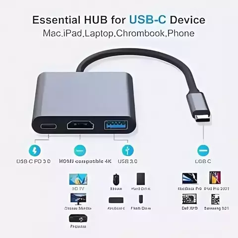 Adaptador de hub USB C 4K HDMI, conversor USB C macho para fêmea 3 em 1 com USB