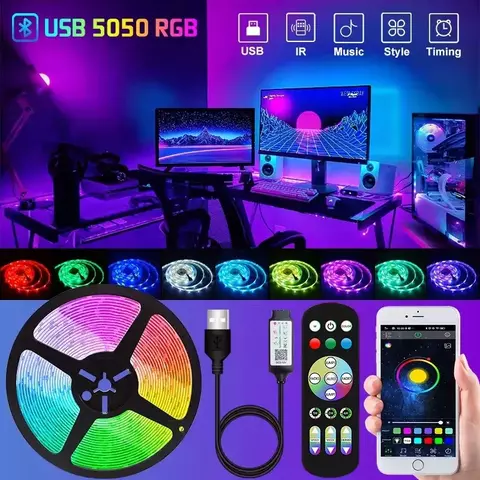 Faixa de led usb, controle por aplicativo, mudança de cor, rgb, faixa flexível,