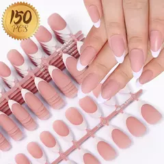 Imagem do 150 pçs pré-feito unhas falsas francesas scarless caixão amêndoa unhas falsa