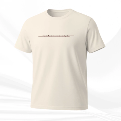 Camiseta Off-White NDM LINE com frase minimalista "comfort and style" em DTF na parte frontal.