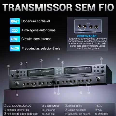 Phenyx-sistema de monitor intra-auricular sem fio, quad channel, 500mhz, com saída de 4 loops, frequências uhf, suporte para estúdio/banda