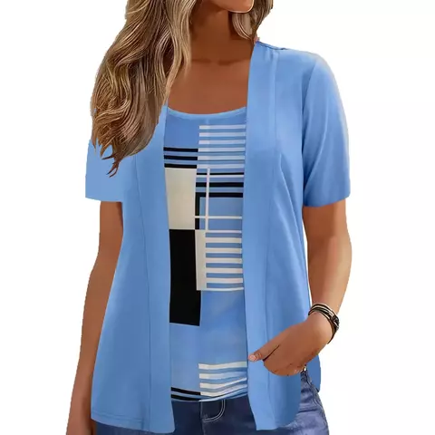 Novo 2025 t camisas femininas falso duas peças elegante retalhos plus size cami