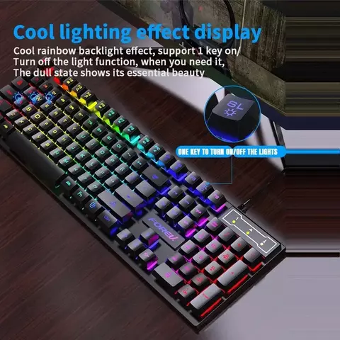 Teclado mecânico iluminado com 104 teclas, teclado para jogos com fio.