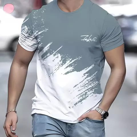 Camiseta masculina casual gradiente impresso manga curta camiseta para homem pad