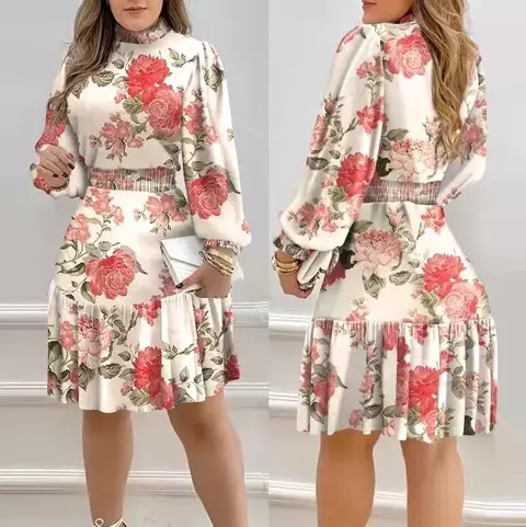 Vestidos femininos 2025 primavera nova moda floral impressão mock neck manga lo