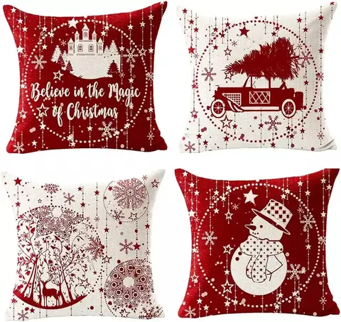 Feliz Natal Fronha de Linho, Bola Floco de Neve, Carro vermelho com Árvore e Ve