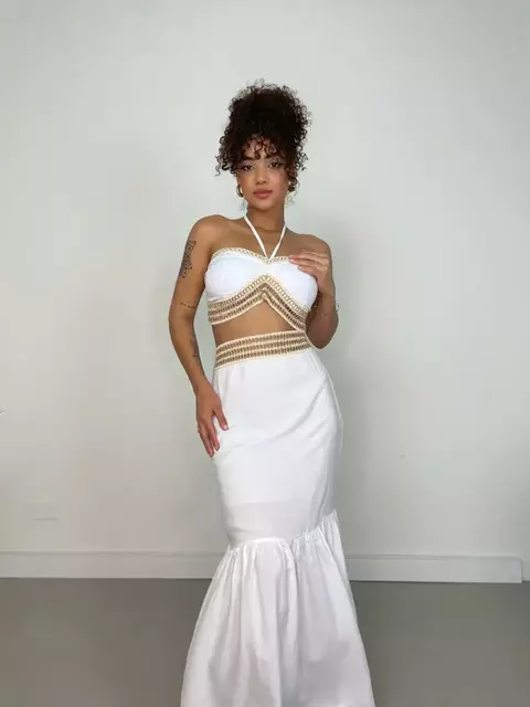 Conjunto Feminino em Viscolinho Saia Longa e Cropped Amarração - comprar online
