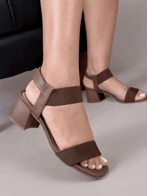 Sandália Feminina Marrom Salto Bloco Confortável Elegante Nº 36