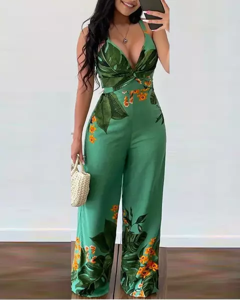 Macacão feminino 2025 verão nova moda impressão com decote em v sem mangas