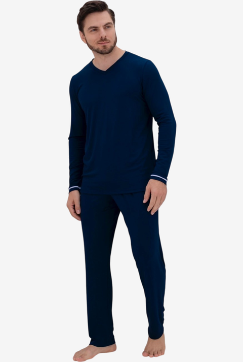 PIJAMA MASCULINO LONGO GOLA V RYAN - AZUL MARINHO - comprar online