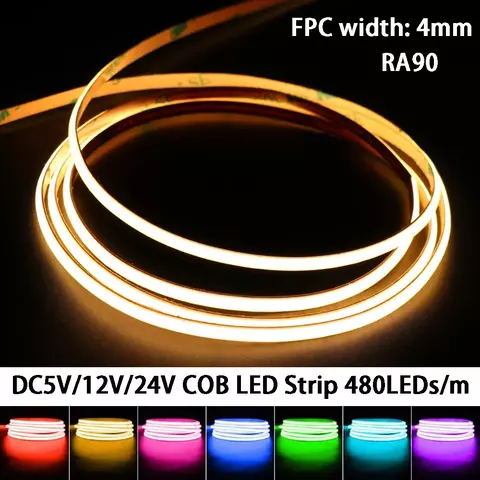 Luzes de tira led cob de 4mm de largura 480leds/m dc5v/12v/24v ra90 3000k/4000k/
