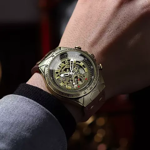 UTHAI Retro Men Watch Business Bronze À Prova D &#39;Água Máquina Mecânica A
