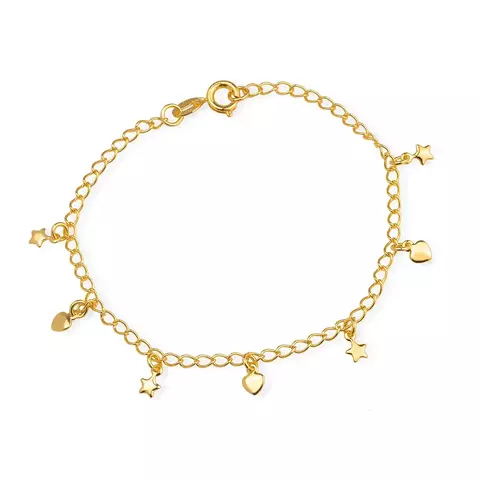 Pulseira Dourada com Pingentes de Coração e Estrela com banho de 10 milésimos de ouro 24K hipoalergênica garantia de 2 anos