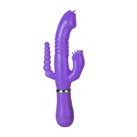 Vibrador ponto G com estimulador de clitóris e plug anal, na cor roxo, com design anatômico e 12 modos de vibração.