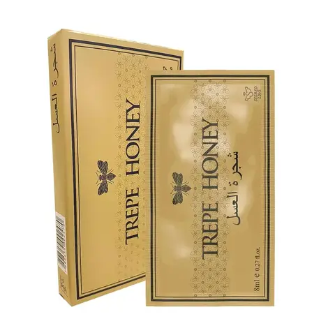 Embalagem dourada do Trepe Honey Mel Estimulante Sexual 8ml da Segred Love com ilustração de abelha e texto em inglês e árabe