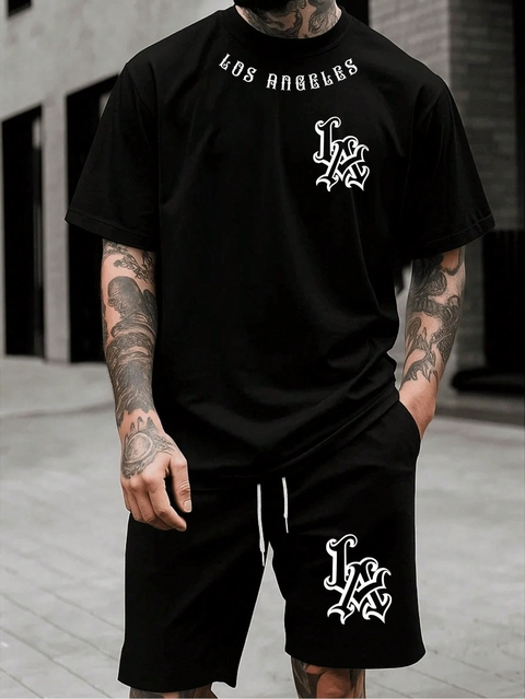 Conjunto Streetwear LA Los Angeles Variado Camiseta Camisa 100% Algodão + Short Mauricinho Tactel