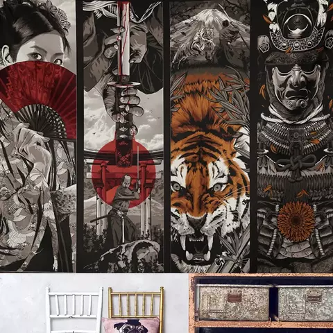 Estilo japonês espada samurai gueixa tigre tapeçaria suspensa grande a grande