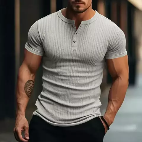 Camiseta masculina elegante de malha listrada – gola Henley elegante, mangas c