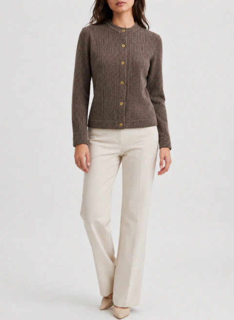 Cardigan Feminino em Malha Texturizada Marrom com Botões Dourados - comprar online