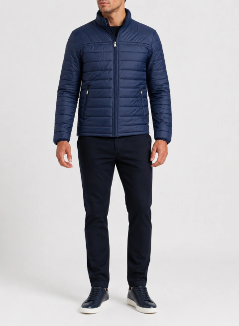 Jaqueta Masculina Puffer Matelassê Azul Marinho com Zíper e Gola Alta