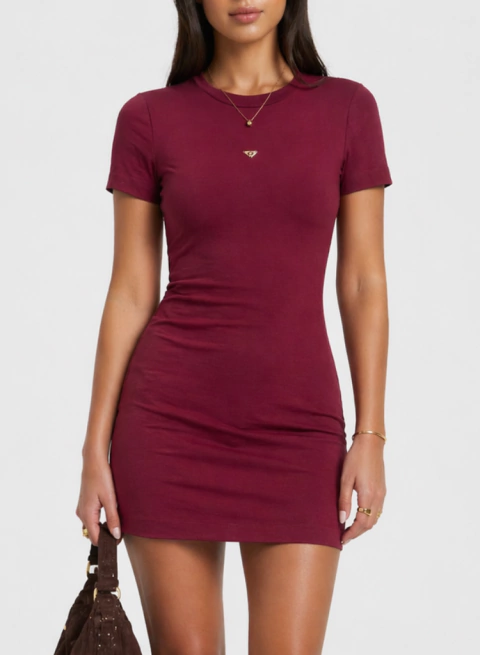 Vestido Curto Canelado Manga Curta Vinho - One Collection - comprar online