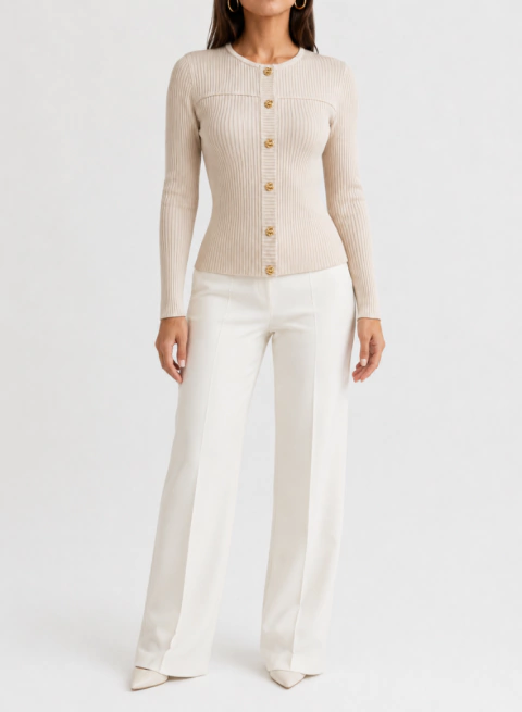 Cardigan Feminino Canelado Bege com Botões Dourados - comprar online