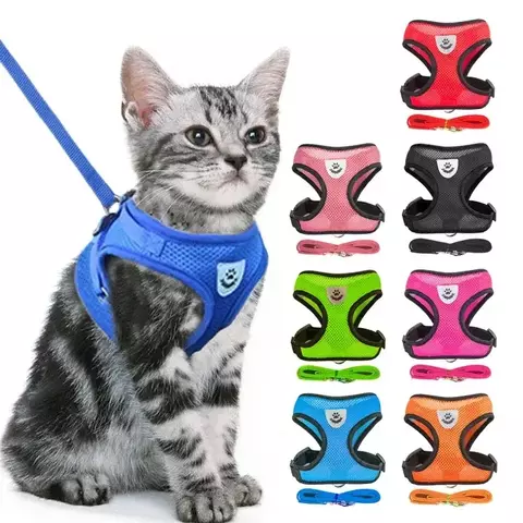 Arnês para gatos, coleira de chumbo para caminhada, coleira de poliéster, malha ajustável
