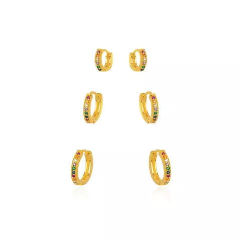 Brinco Semijoia Trio Argola Micro Zircônia Color