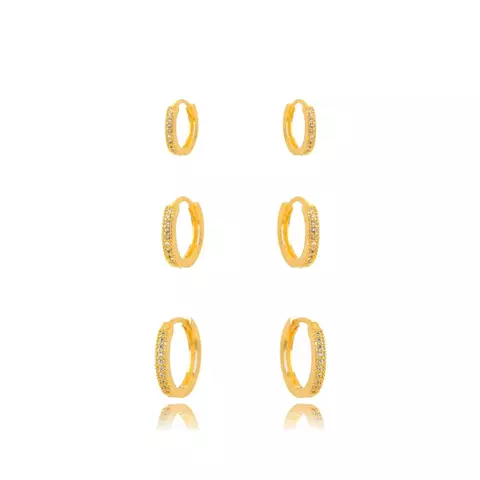 Brinco Semijoia Trio Argola Micro Zircônia - Ouro