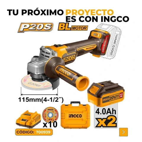 Amoladora angular 4 1/2 PLG / 115MM 900W 20V (2 BATERIAS 4AH + CARGADOR 2AH)