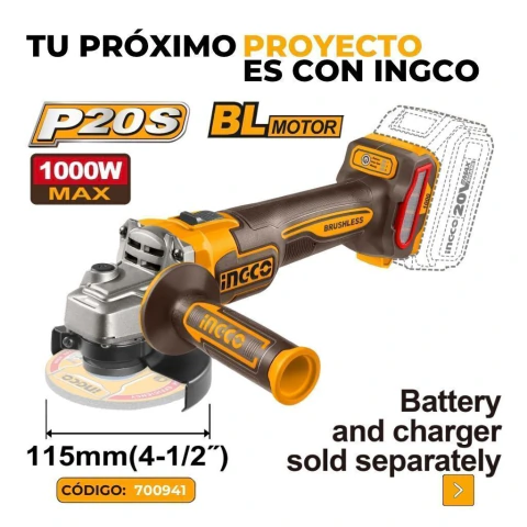 Amoladora angular 4 1/2 PLG / 115MM 1000W 20V (SIN BATERIA NI CARGADOR)