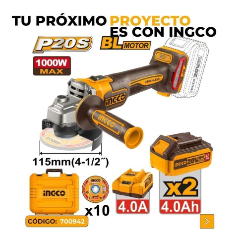 Amoladora angular 4 1/2 PLG / 115MM 1000W (2 BATERIAS 4AH + CARGADOR 4AH)