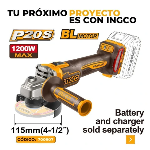 Amoladora angular 4 1/2 PLG / 115MM 1200W 20V (SIN BATERIA NI CARGADOR)