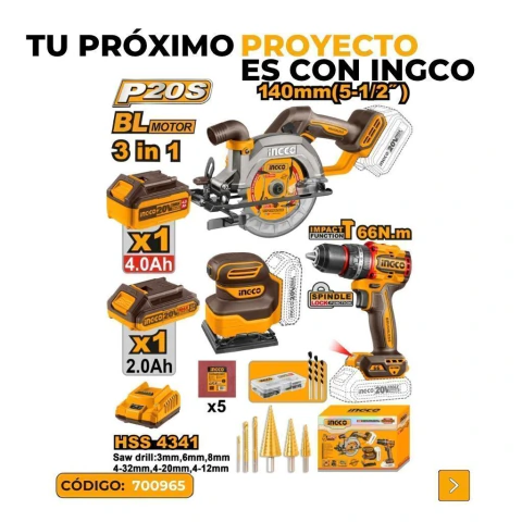 Set Taladro Atornillador Percutor + Sierra Circular (P20S) + Lijadora de Palma + Batería 4AH + Batería 2AH + Cargador 2AH