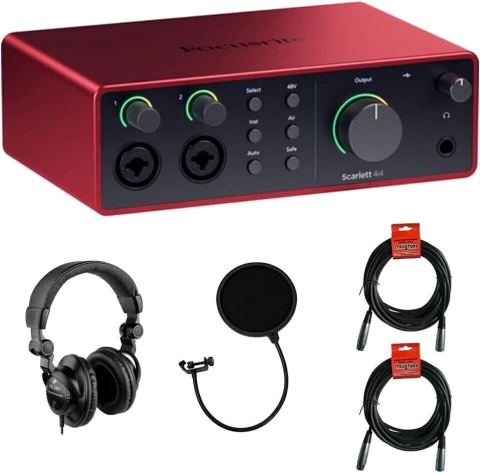 Focusrite Scarlett 4i4 USB-C Audio/Interfaz MIDI (4ª generación) paquete con auriculares Polsen HPC-A30 Studio Monitor, filtro Pop y 2 cables XLR- XLR - comprar en línea