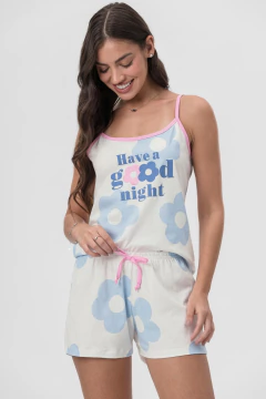 Pijama Alça Feminino Creme com Estampa de Flor na internet
