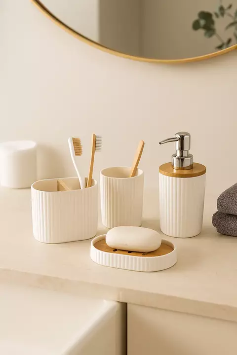 Set de Baño 4 Piezas Bambú Blanco