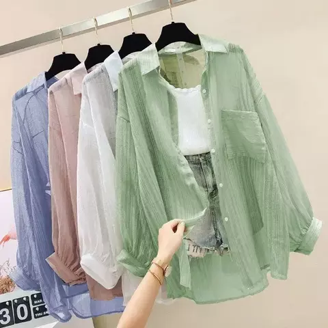 Verão protetor solar camisa elegante perspectiva fina chiffon blusa coreano harajuku ver através solto topo casual cardigan feminino - comprar online