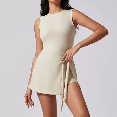 VITALINOVO Vestidos esportivos femininos sem mangas, gola canoa, treino ativo, vestido skort.